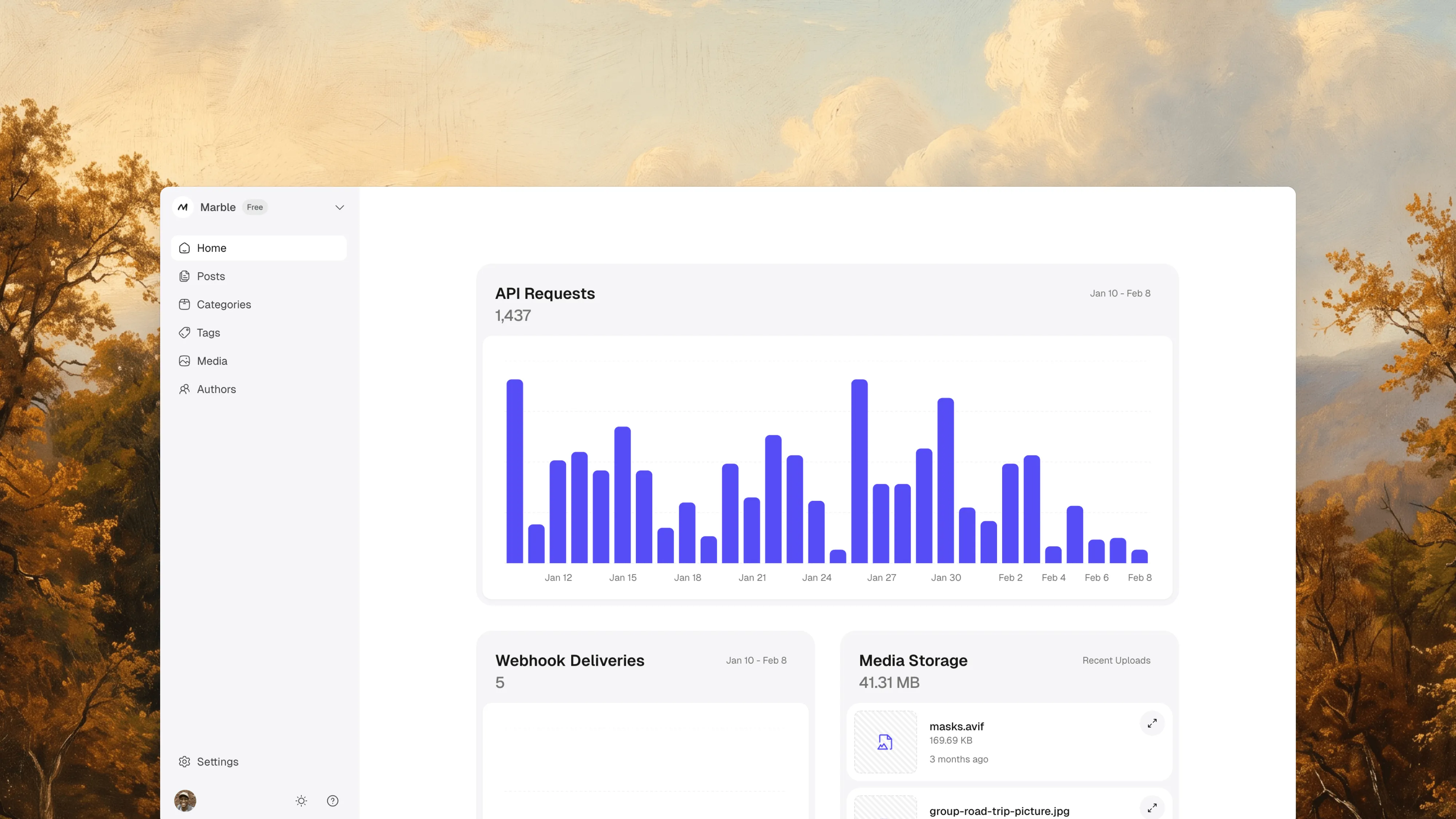 marble dashboard showing a chart and list of media files