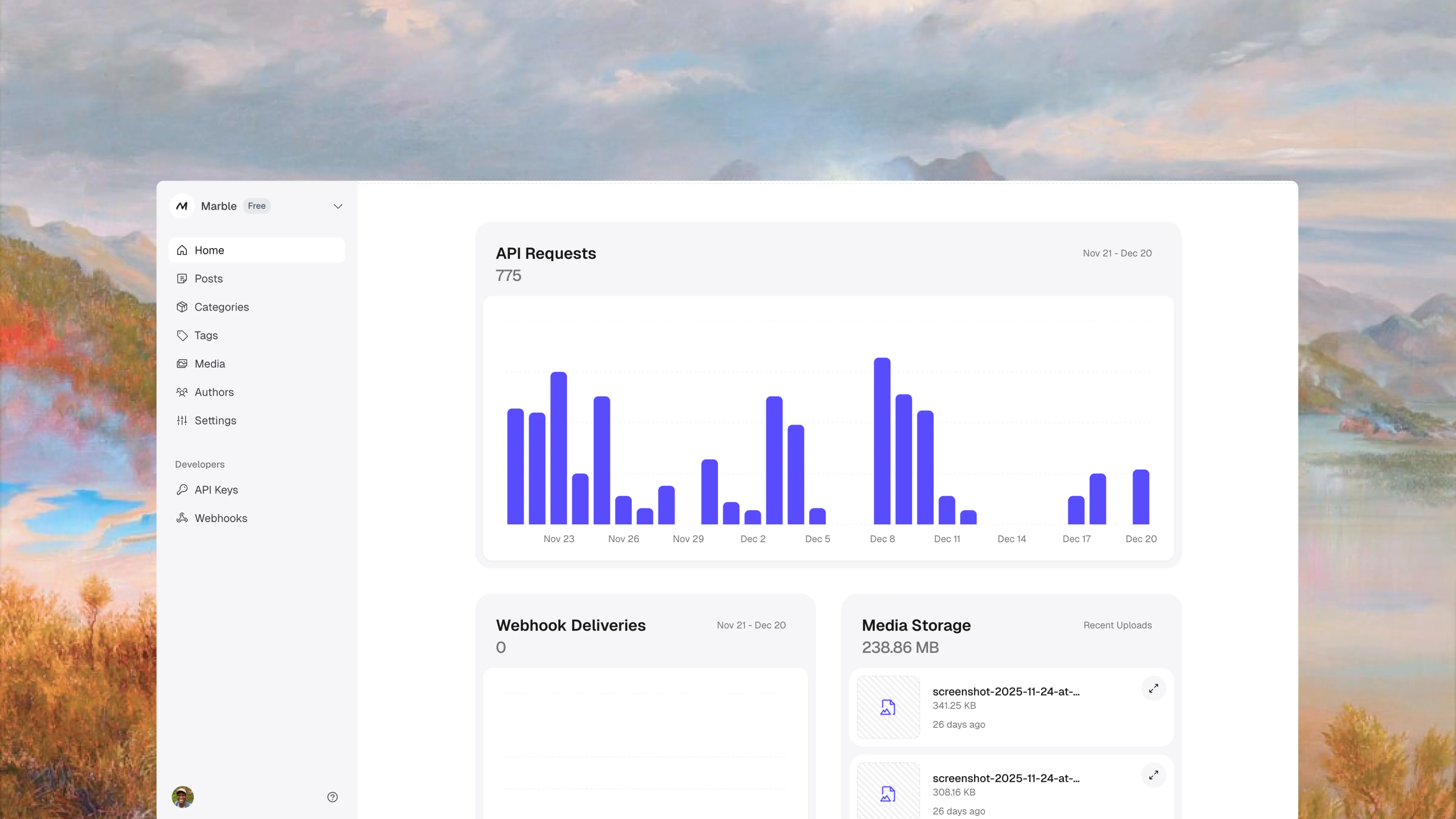 marble dashboard showing a chart and list of media files